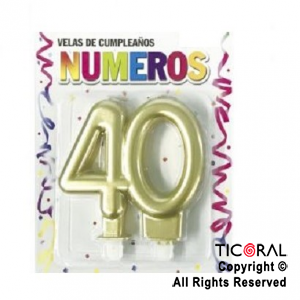 VELAS NUMERO DOBLE METALIZADA 40 AOS ORO x 1